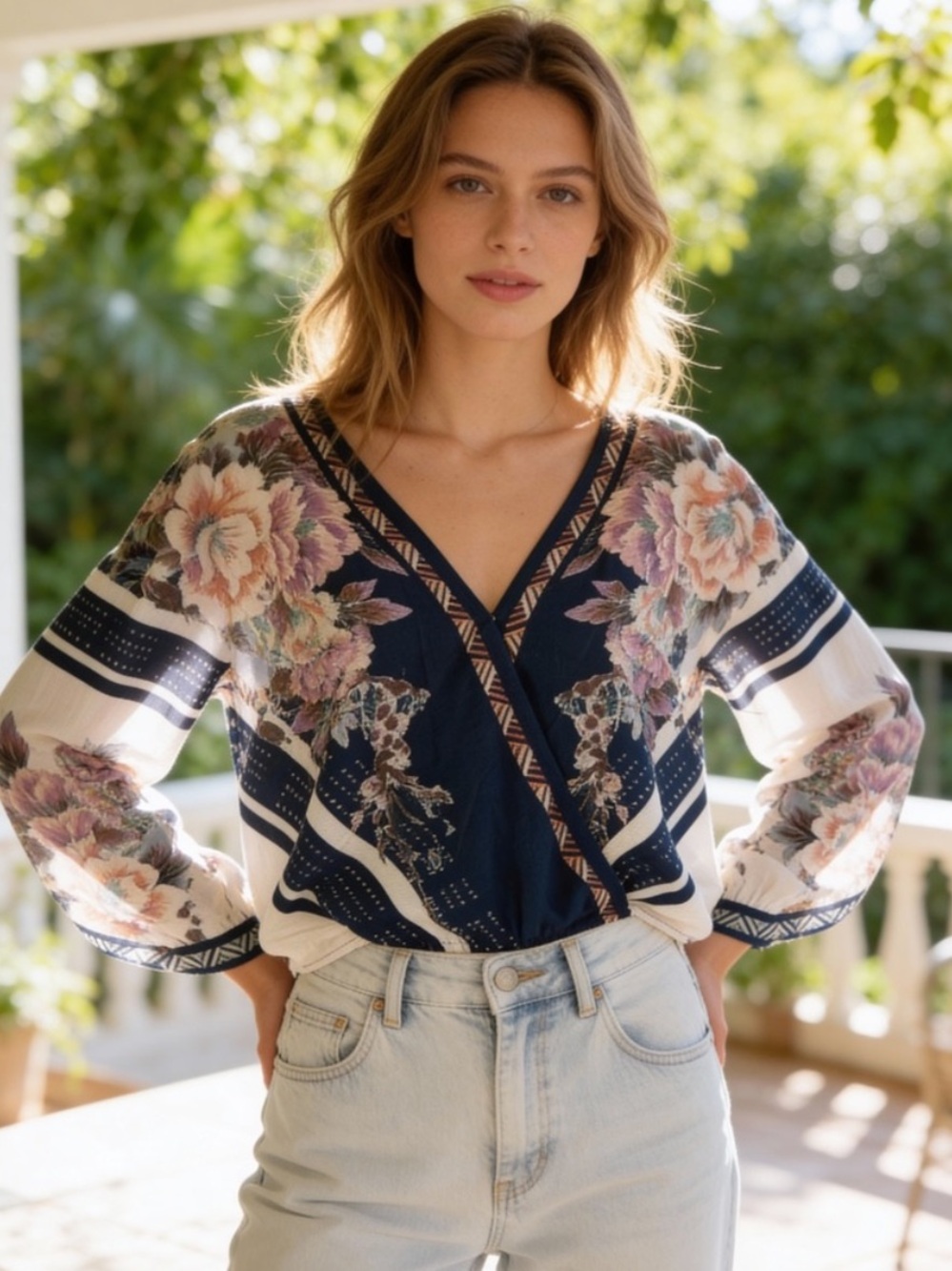 Flying Tomato Boho Floral Faux Wrap V-Neck Blouse Medium